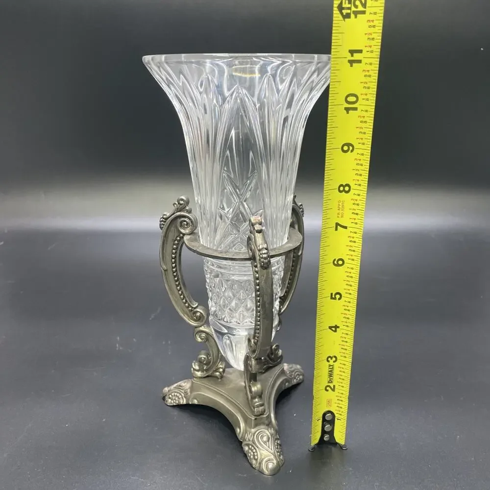 Vintage Godinger Shannon Crystal Vase 11” Cut Glass w/Silver Plated Ornate Stand